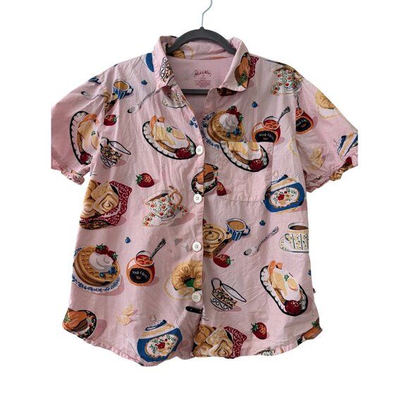 Nick & Nora Womens Breakfast Print Pink Cotton Pajama Top Shirt Rare find - Picture 1 of 11